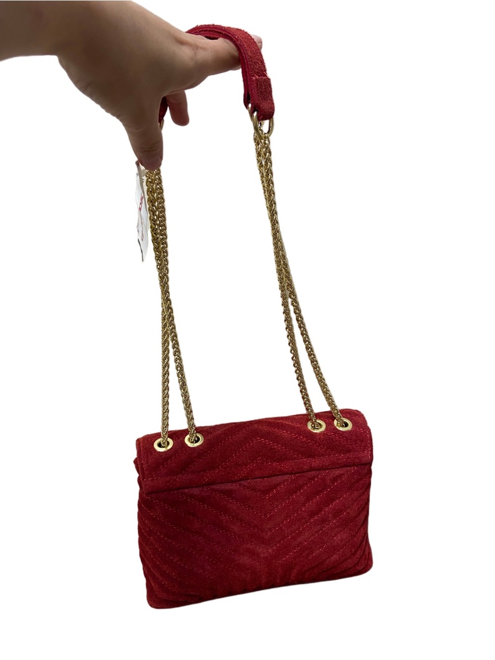 Persaman Red Suede Quilted Crossbody Bag Gold Chain Strap Chevron Flap Shoulder - Picture 3 of 11